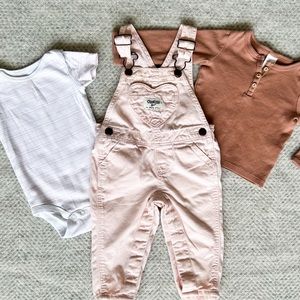 OshKosh B'gosh Overalls Set Bundle H&M Shirt Onesie Pink Neutral Baby Girl 6m